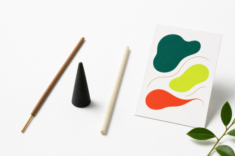 Drie verschillende wierookvormen naast een abstracte geurkaart