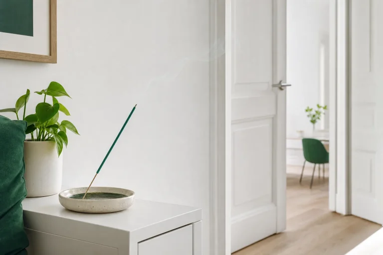 Compact licht interieur met open binnendeur en stabiele wierookhouder