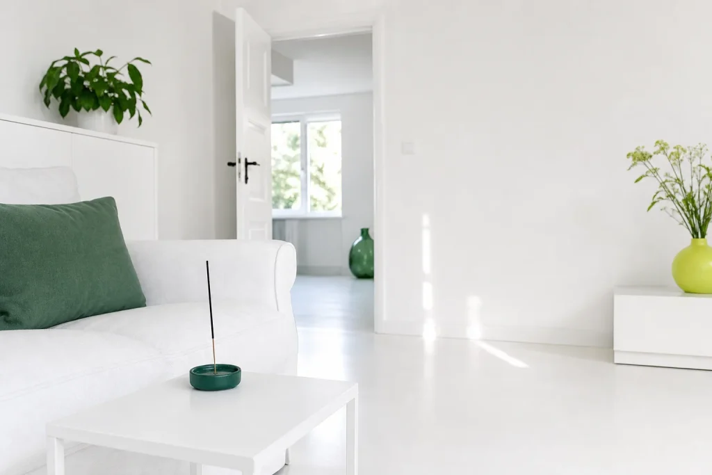 Moderne witte woonkamer met geopende binnendeur en vrije vloer